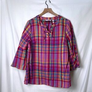 ISAAC MIZRAHI LIVE Women Plaid Peasant Purple Pink Bell Sleeve Tunic Top Size 14